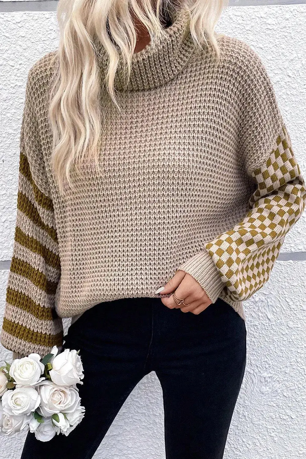 GESTREIFTER PLAID PATCHWORK WAFFELSTRICK ROLLRAGENPULLOVER | MODISCHER, BEQUEMER, VIELSEITIGER