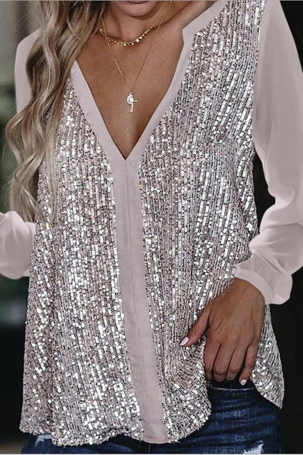 Jennifer | Elegante Pailletten Langarmbluse