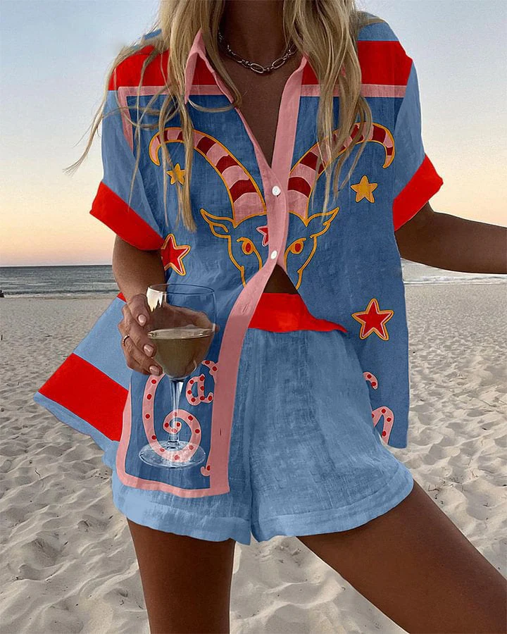 Jorelle  | Kurzes komplettes Leinen-Outfit mit Ziege-Druck