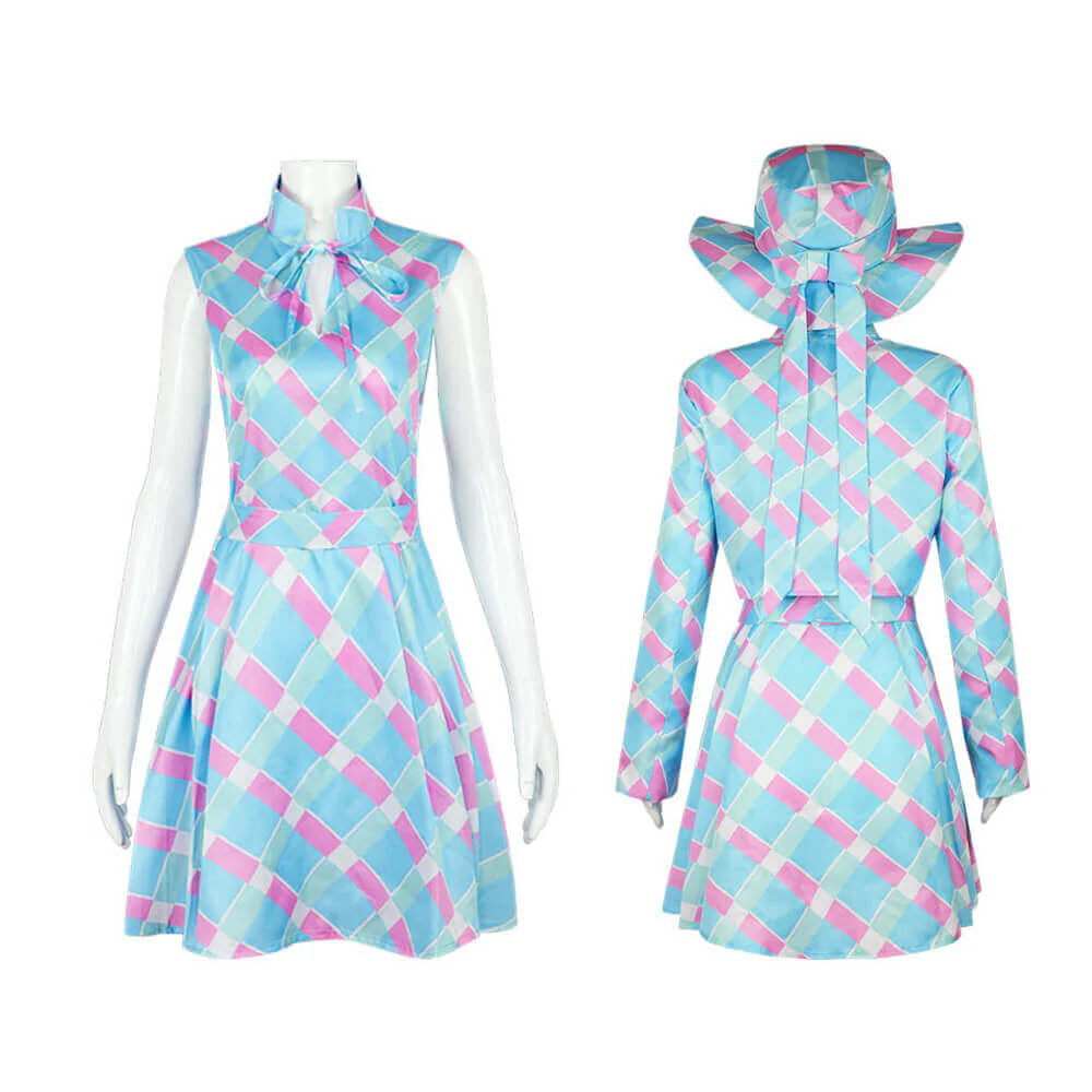 Kostüm Damen 60er Jahre Blau Kariert Kleid Cape Hut Retro Karneval - Image 3