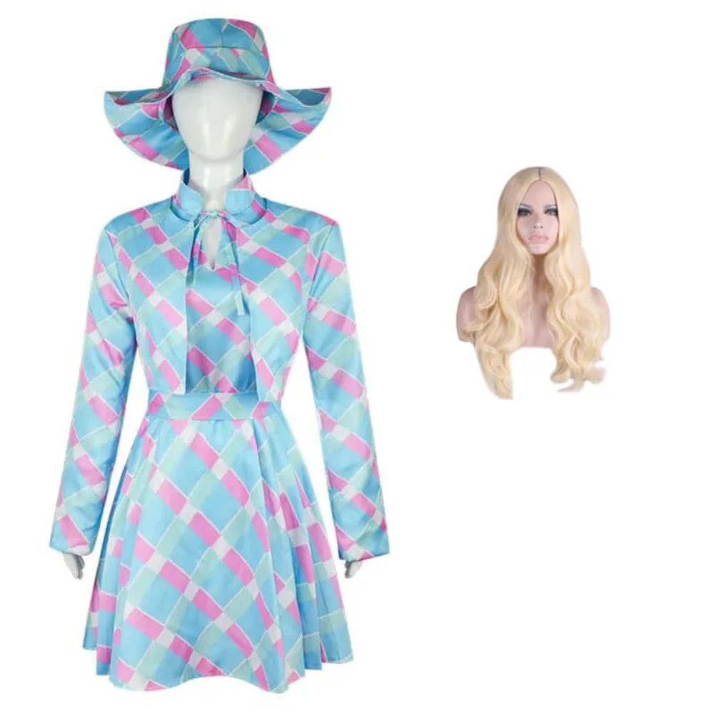Kostüm Damen 60er Jahre Blau Kariert Kleid Cape Hut Retro Karneval - Image 4