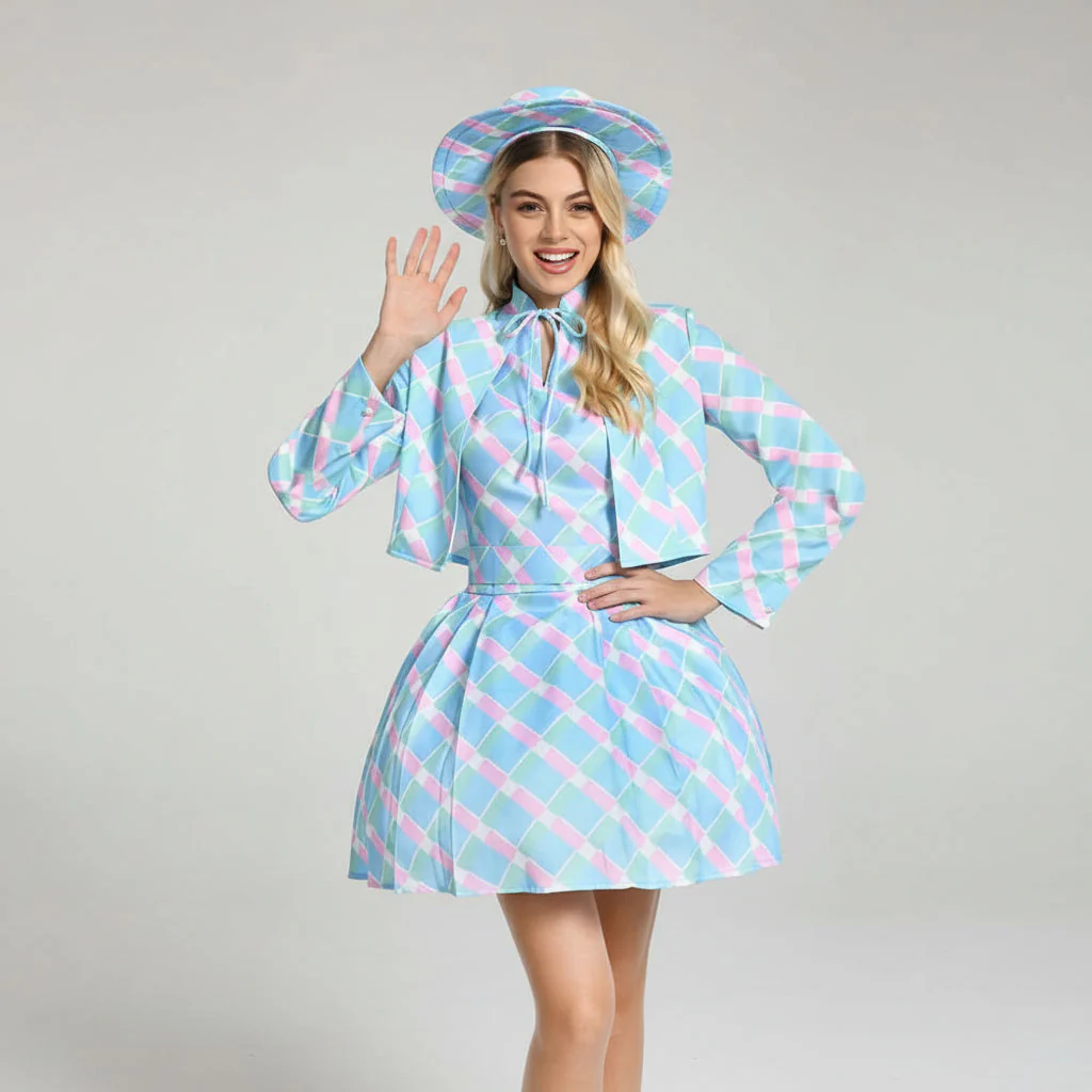 Kostüm Damen 60er Jahre Blau Kariert Kleid Cape Hut Retro Karneval - Image 7