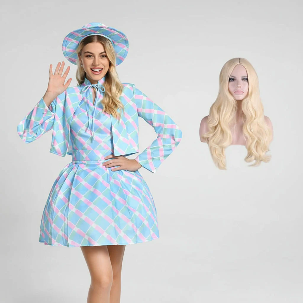 Kostüm Damen 60er Jahre Blau Kariert Kleid Cape Hut Retro Karneval - Image 8