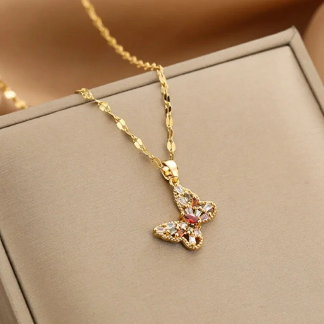 Kristall-Schmetterling-Halskette in Gold