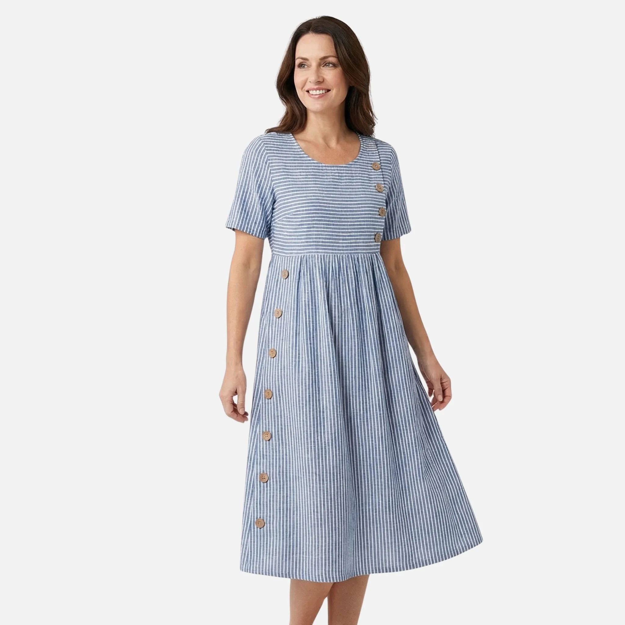 Quirina | Damen Leinen-Midikleid Knopfleiste – Leinen Midi Kleid Knöpfe Sommer