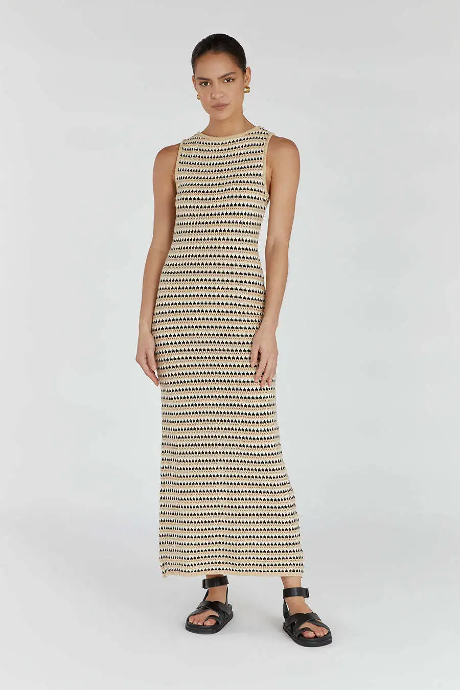 Leniva – Ärmelloses Strick-Maxikleid mit geometrischen Streifen