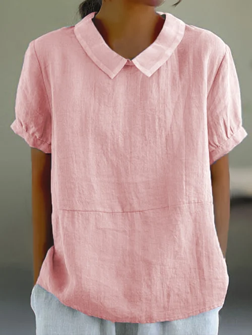Luftige Damen Leinenbluse Kurzarm mit Bubikragen - Image 3