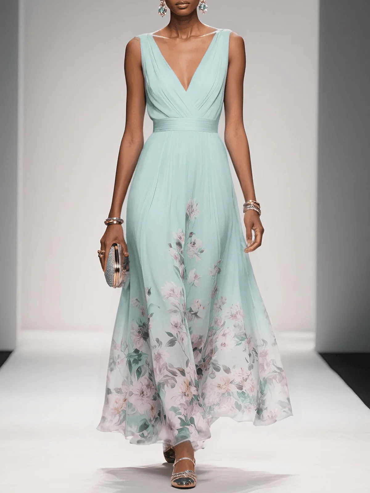 Luftiges Maxikleid Damen V-Ausschnitt Blumendruck Sommer Maxikleider A-Linie für Elegante Tage - Image 5
