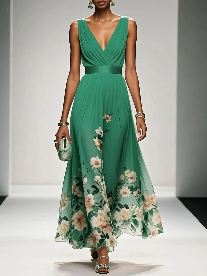 Luftiges Maxikleid Damen V-Ausschnitt Blumendruck Sommer Maxikleider A-Linie für Elegante Tage - Image 9
