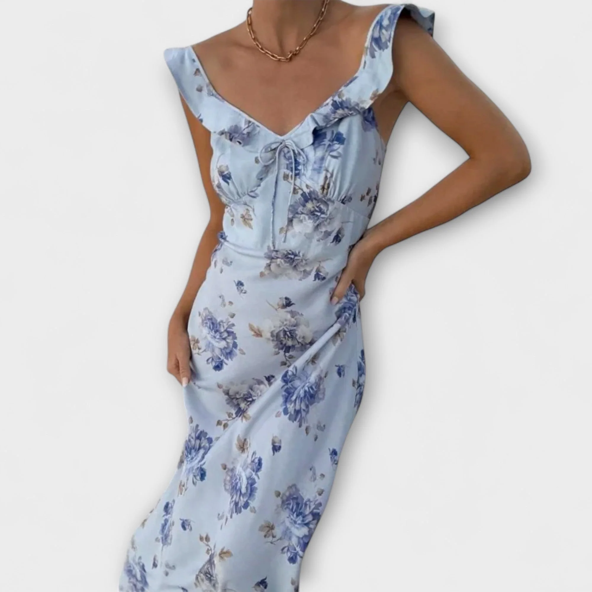 Maxikleid mit geheimnisvollem Blumenmuster und tiefem Ausschnitt