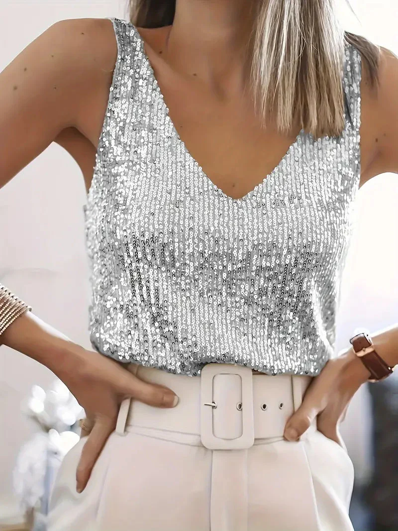 Michelle | Tanktop mit Pailletten und V Ausschnitt - Image 3