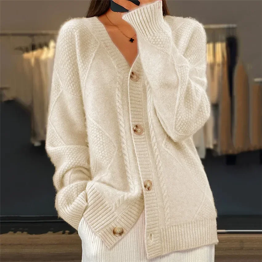 Mila – Damen Cashmere Strickjacke Mit Knopfleiste