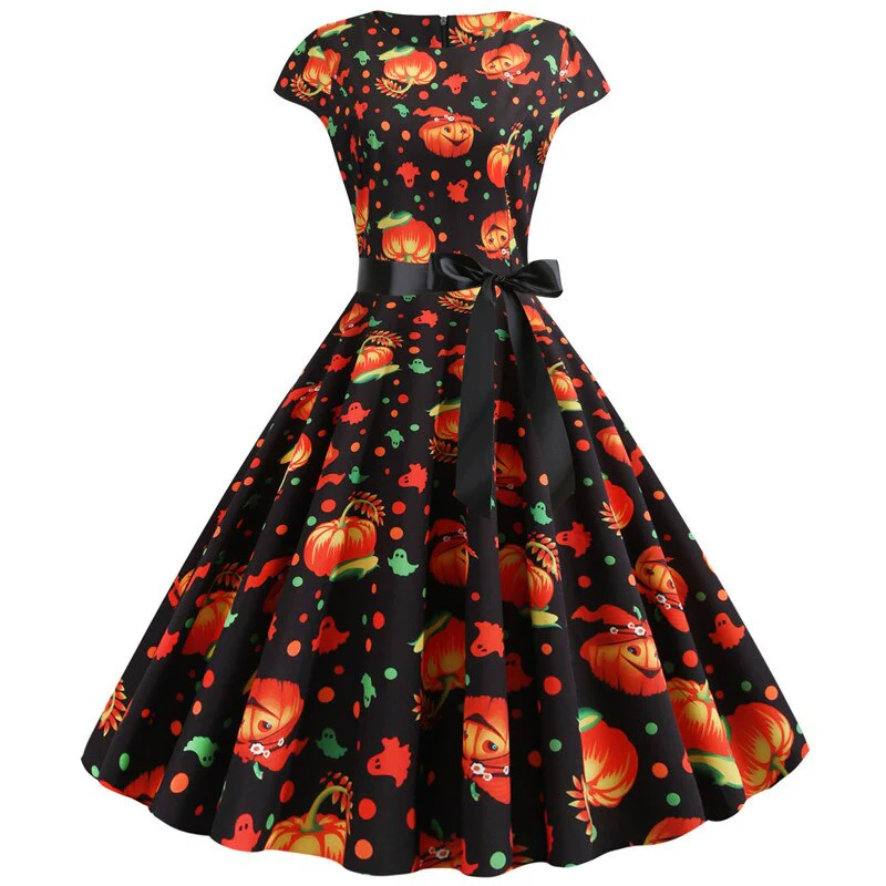 Niedlicher Kürbis Druck Halloween Kostum Kleid | Midi