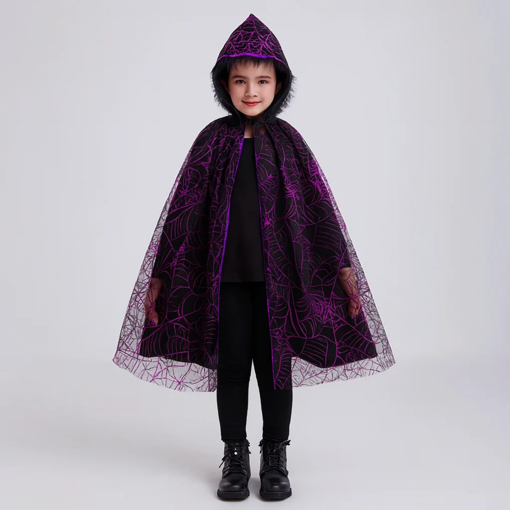 Noctira | Vintage-Halloween-Kapuzenumhang mit Spinnennetz- und Fledermaus-Print