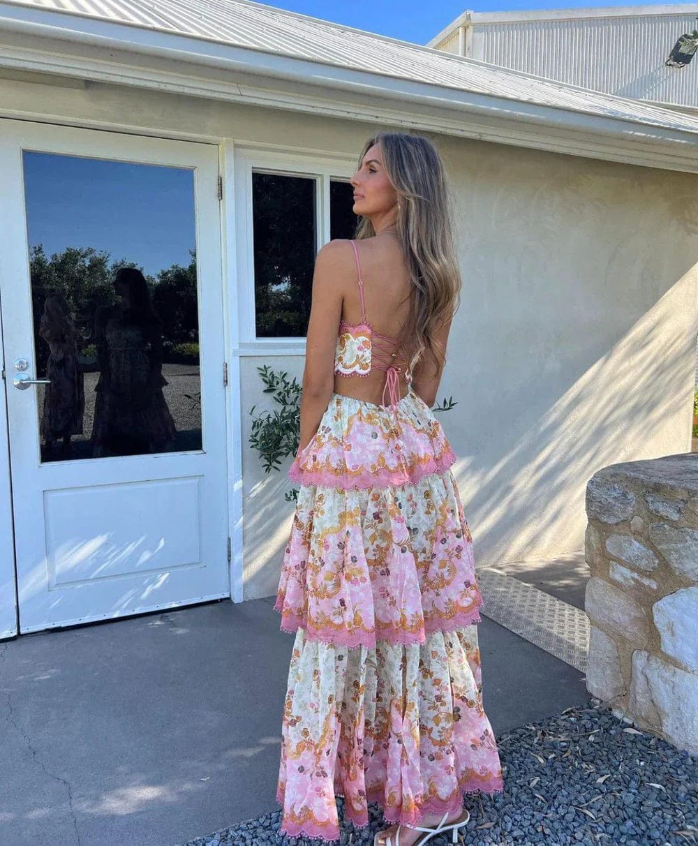 Odetta | Romantisches Blumen Maxikleid mit Zurück Spitzen-Details