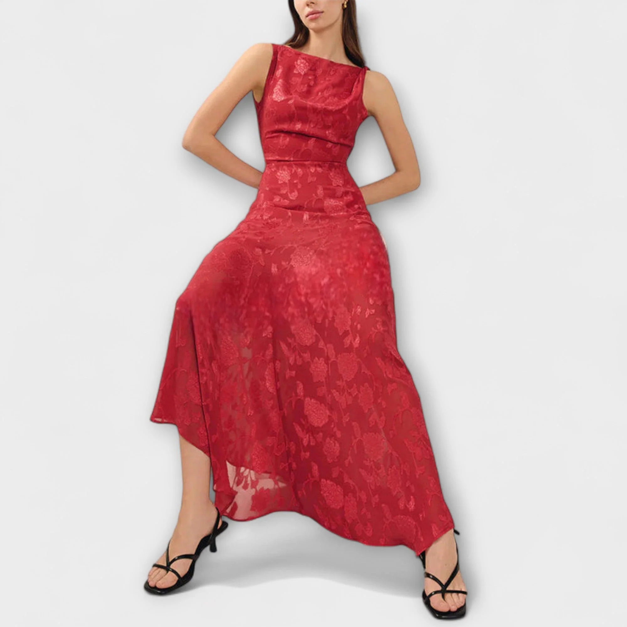 Opal - Elegantes Rückfreies Schnür-Jacquard Maxikleid" can be rewritten as:
"Opal - Stilvolles Rückfreies Schnür-Jacquard Maxikleid