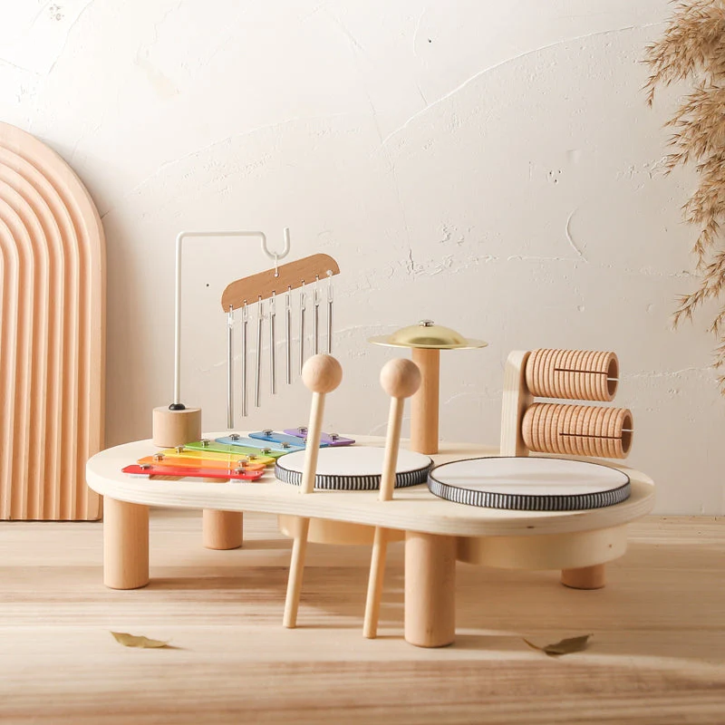 Pädagogischer Musiktisch aus Holz – Xylophon, Trommeln & Rasseln für kreatives Kinderspiel