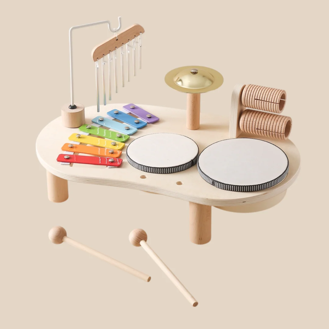 Pädagogischer Musiktisch aus Holz – Xylophon, Trommeln & Rasseln für kreatives Kinderspiel - Image 2