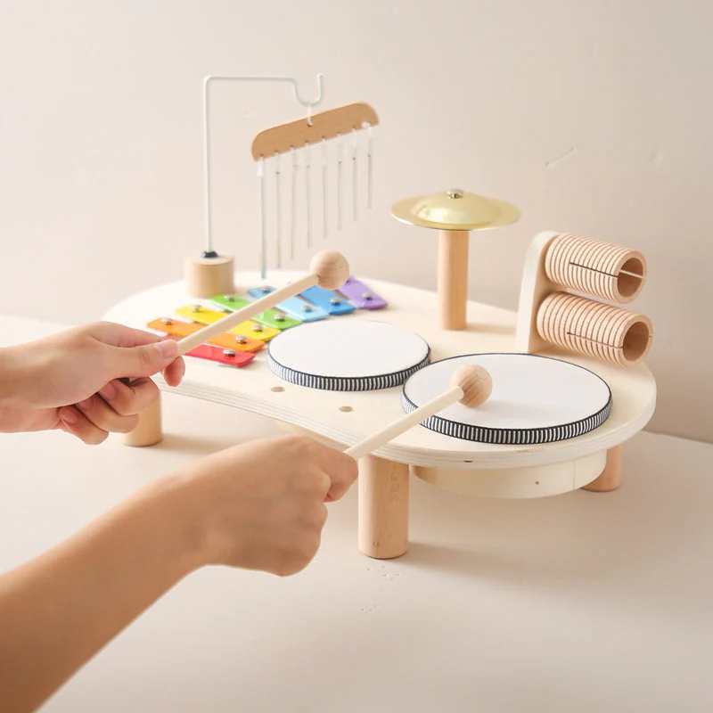 Pädagogischer Musiktisch aus Holz – Xylophon, Trommeln & Rasseln für kreatives Kinderspiel - Image 3