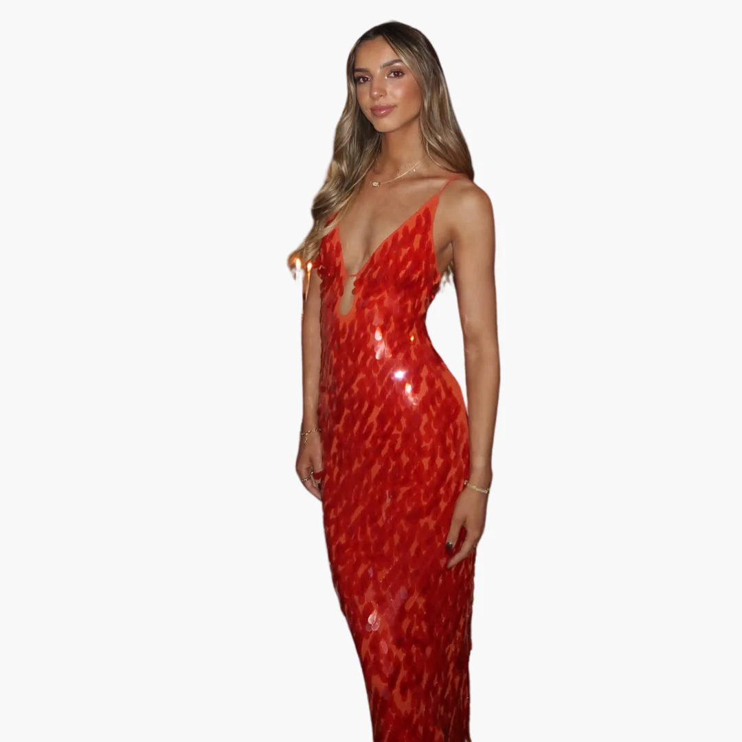 Pailletten Abendkleid für Damen - Maxi mit V-Ausschnitt