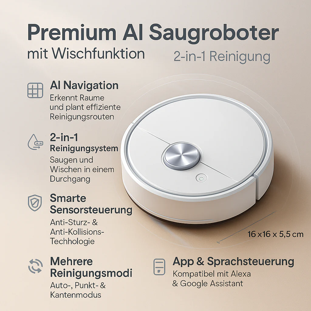 Premium AI Saugroboter mit Wischfunktion 2-in-1 Reinigung - Image 3