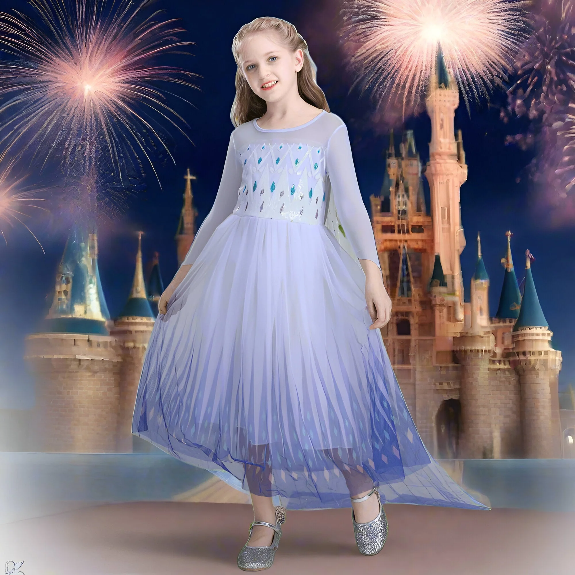 Prinzessin Kleid Mädchen Blau Weiß Kostüm - Image 10