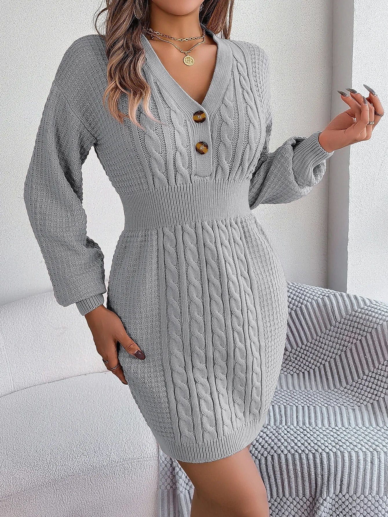 Romy | Damen Strickkleid elegant langärmlig & mit Knöpfen - Image 3