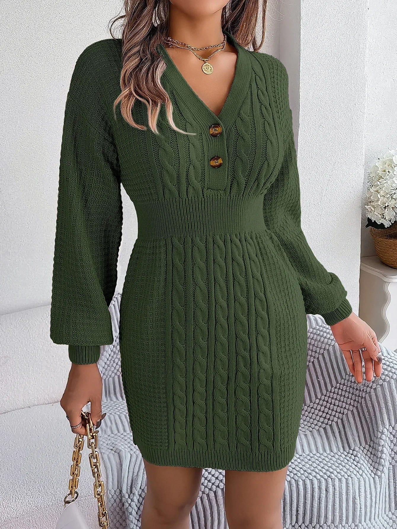 Romy | Damen Strickkleid elegant langärmlig & mit Knöpfen - Image 7