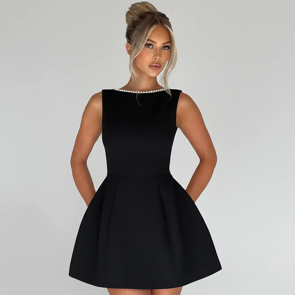 Sabrina | Damen Rosa Ärmelloses A-Linien Minikleid Perlenbesatz – Mini Perlen 2026