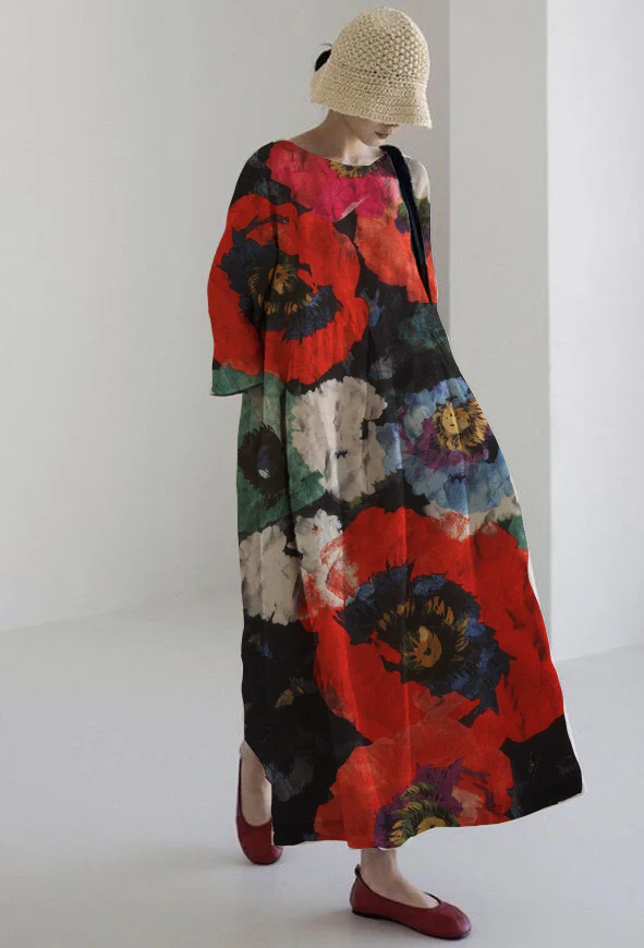 ROSALIA | Künstlerisches Midi-Kleid mit höchstem Komfort und intensigem Blumenmuster für einen beeindruckenden Look