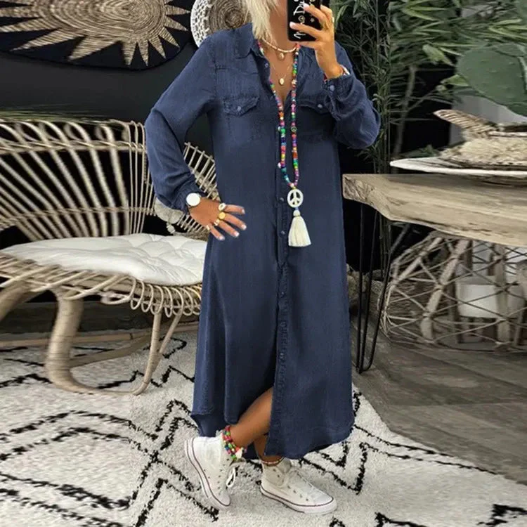 Roxana- Trendy Denimkleid mit Knopfleiste und Taschen