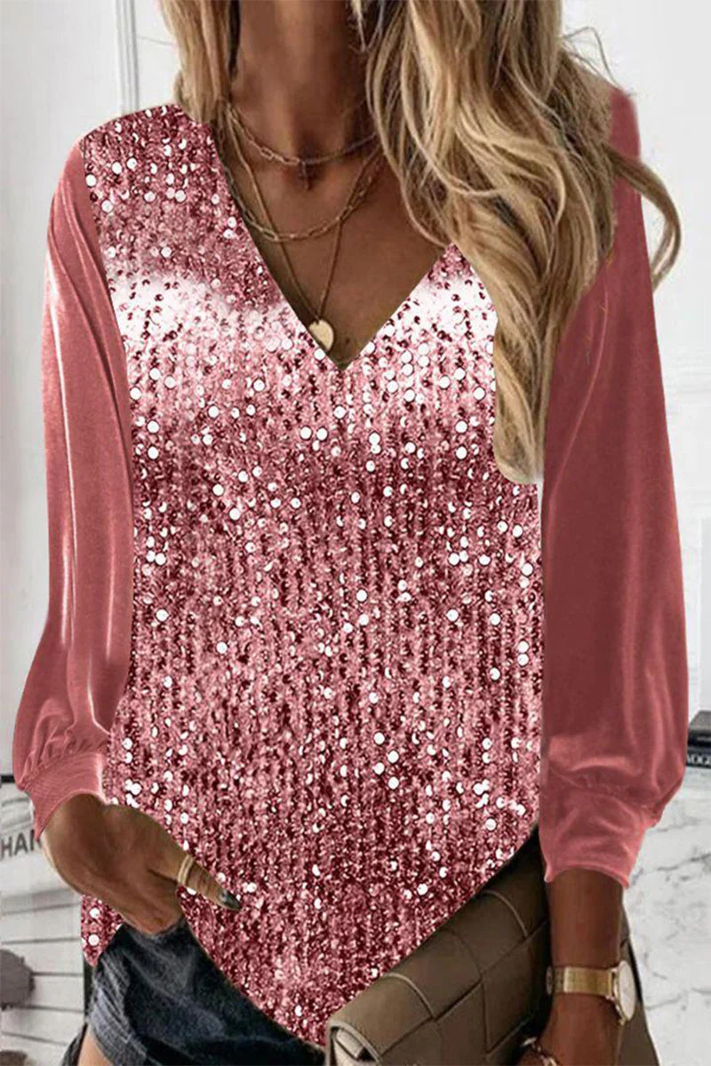 Sara | Paillettenbluse mit langen Ärmeln und V Ausschnitt