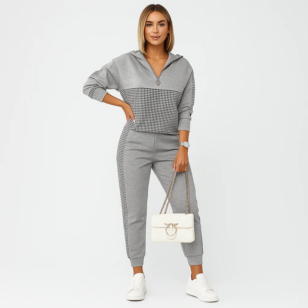 Schicker 2-teiliger Trainingsanzug für Damen – Kariertes Reißverschlussoberteil & schmal zulaufende Hose mit Seitenstreifen