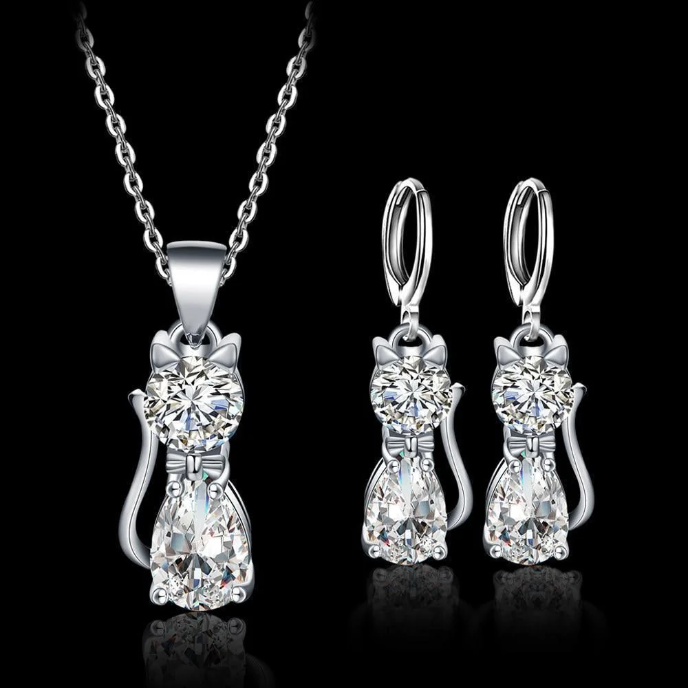 Set Halskette + Ohrringe Happy Cats aus Sterlingsilber und polierten weißen Zirkonen