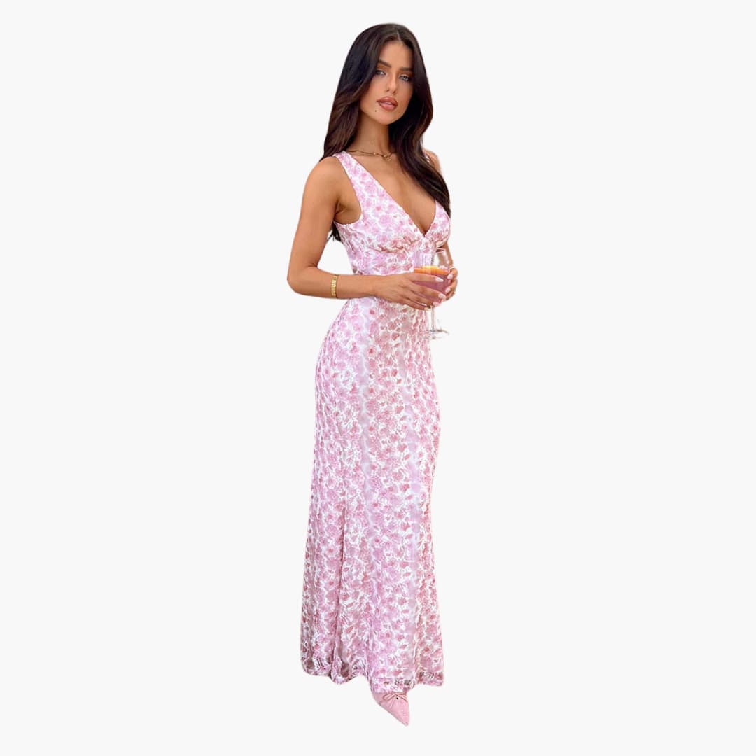 Spitzen-Maxikleid - Damen Stil mit V-Ausschnitt und Eleganz