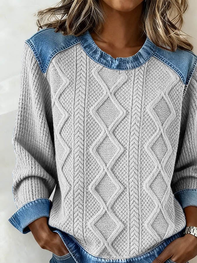 Tara | Casual Pullover Damen mit Rundhals und Patchworkdetails - Image 2