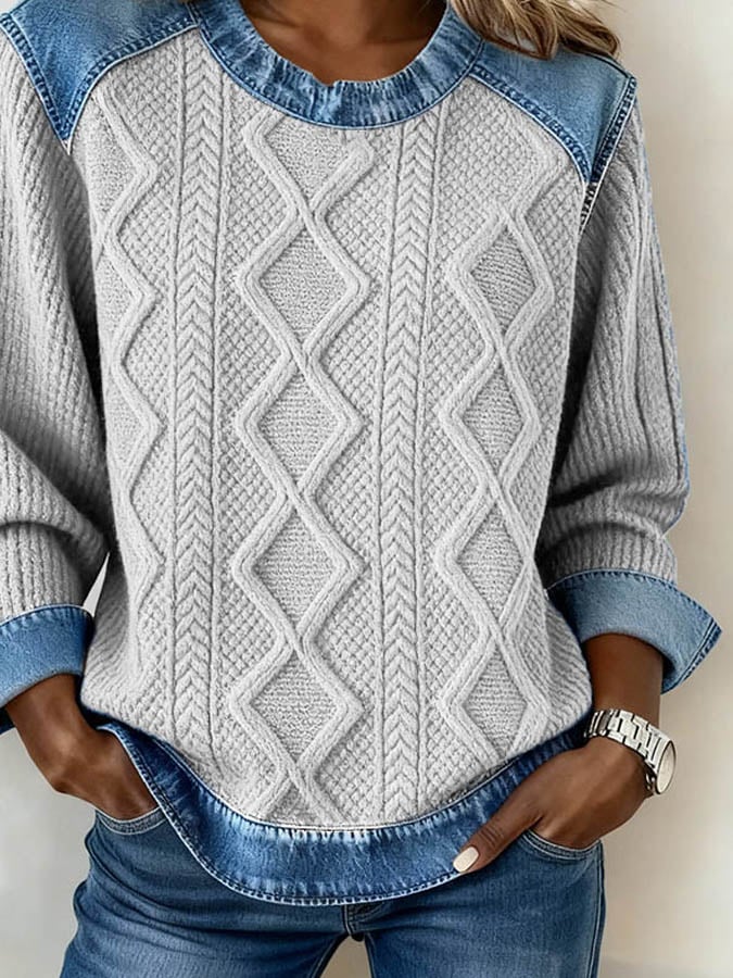 Tara | Casual Pullover Damen mit Rundhals und Patchworkdetails - Image 3