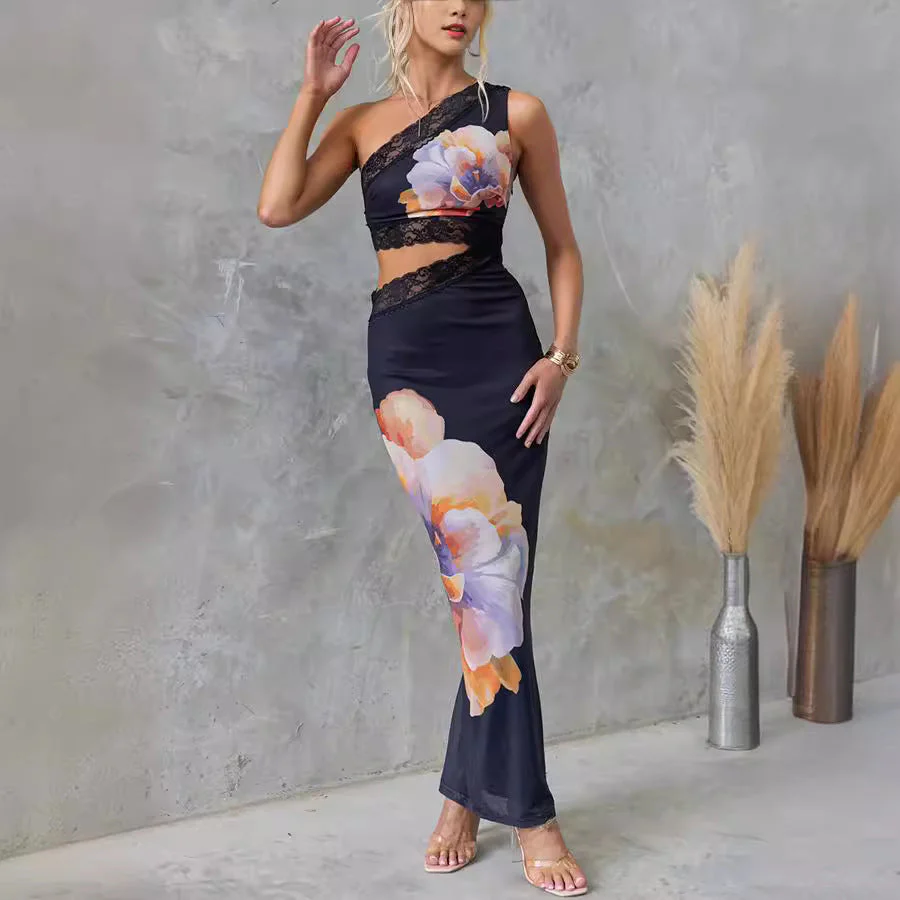 Tara- Damen Maxikleid mit asymmetrischem Ausschnitt und floralen