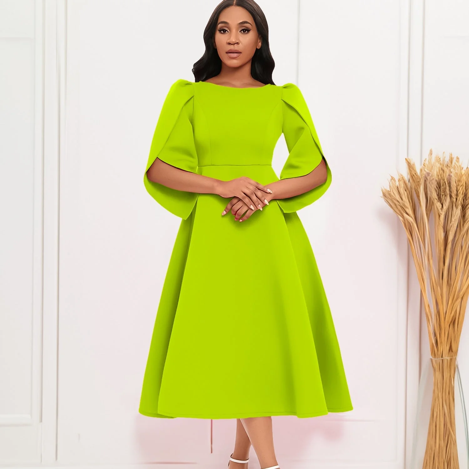 Urszula- Damen A-linien Kleid mit eleganten Puffärmeln