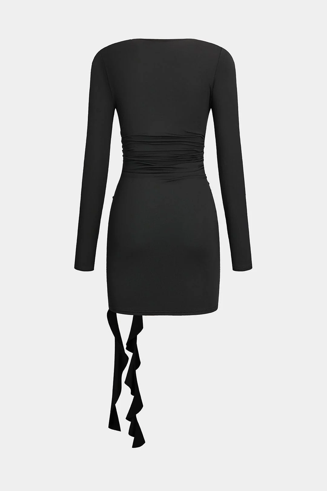 Valeria | Elegantes Schwarzes Langärmliges Minikleid – Figurbetonte Passform mit Drapierung & Rosendetail