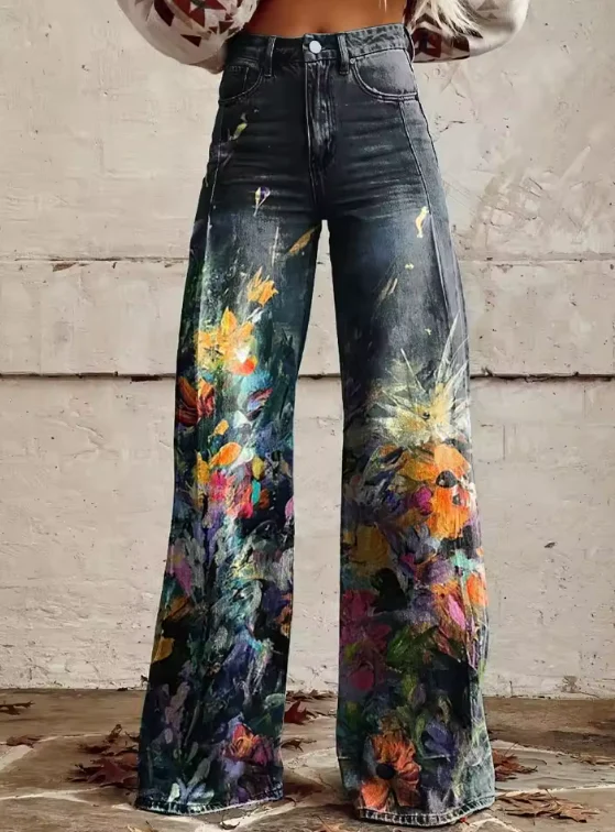 Vintage Boho Damen Stoffhose mit abstraktem Print