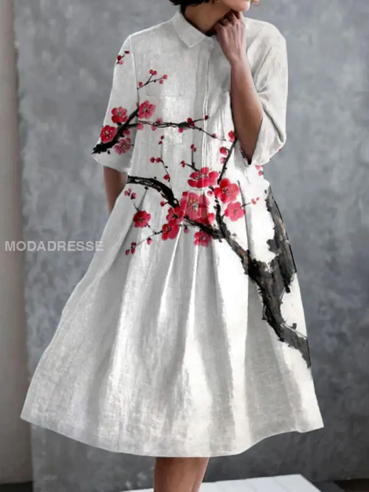 Vintage Rundhals Kurzarm Hemdkleid mit Retro Boho Blumenmuster
